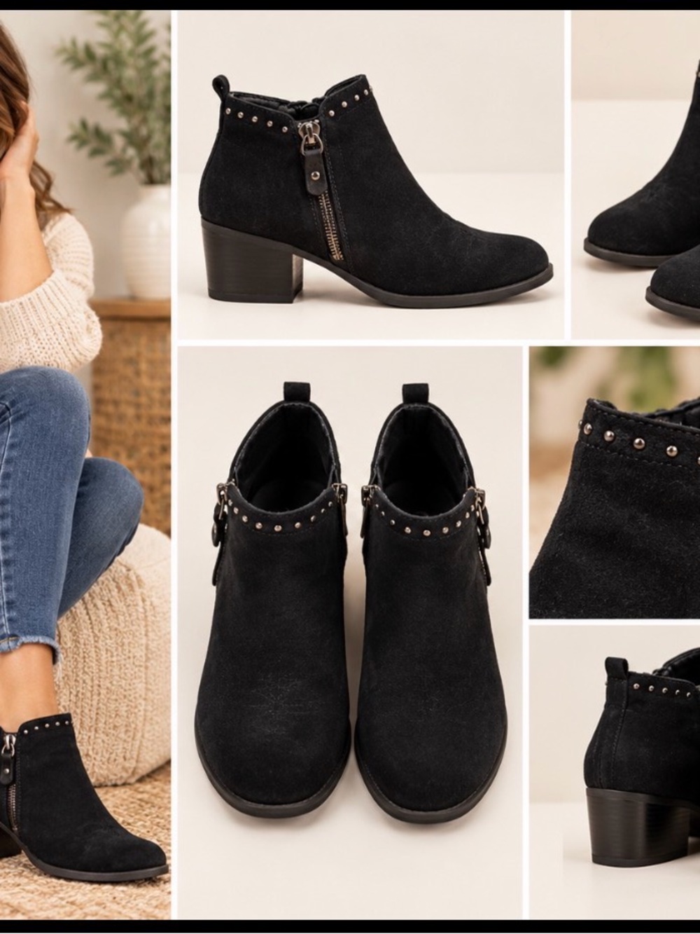 Sonoma Black Suede-Look Ankle Boots – Studded Side Zip Block Heel
